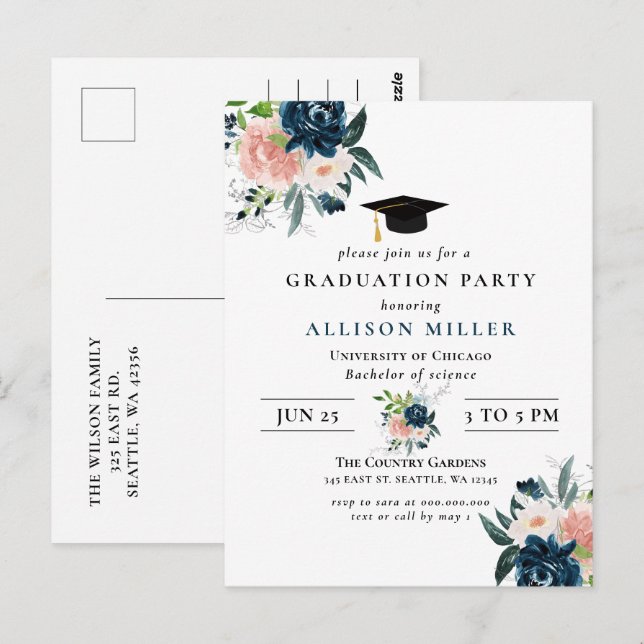 Carte Postale Rustic Navy Blush Floral Botanical Graduation (Devant / Derrière)