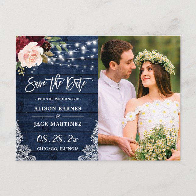 Carte Postale Rustic Navy String Lights Photo Enregistrer la dat (Devant)