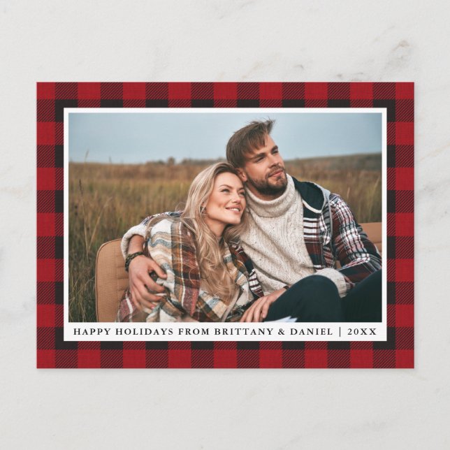 Carte Postale Rustic Red Plaid Couple Photo Joyeuses Fêtes (Devant)