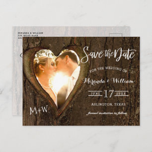 Carte Postale Rustic Tree Heart Photo Enregistrer la date Mariag