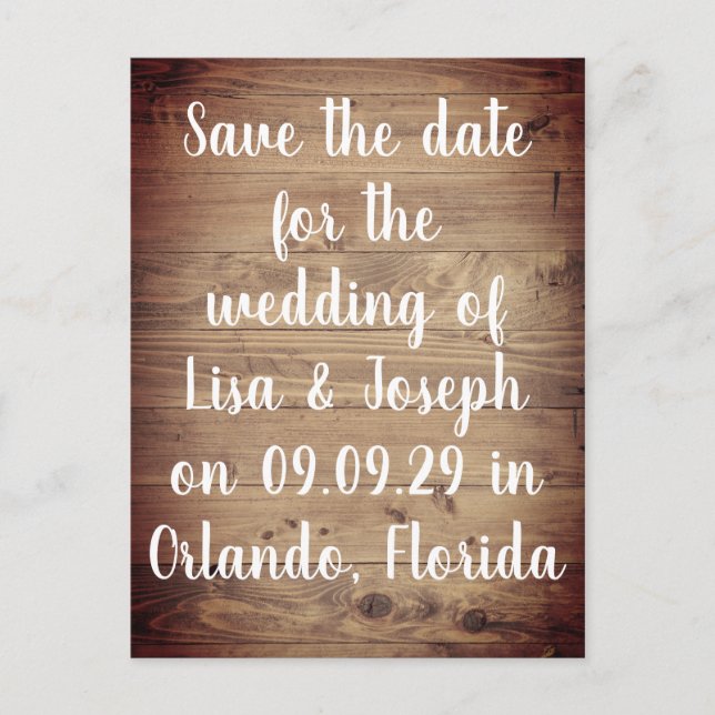 Carte Postale Rustic Wood Country Script Enregistrer la date (Devant)