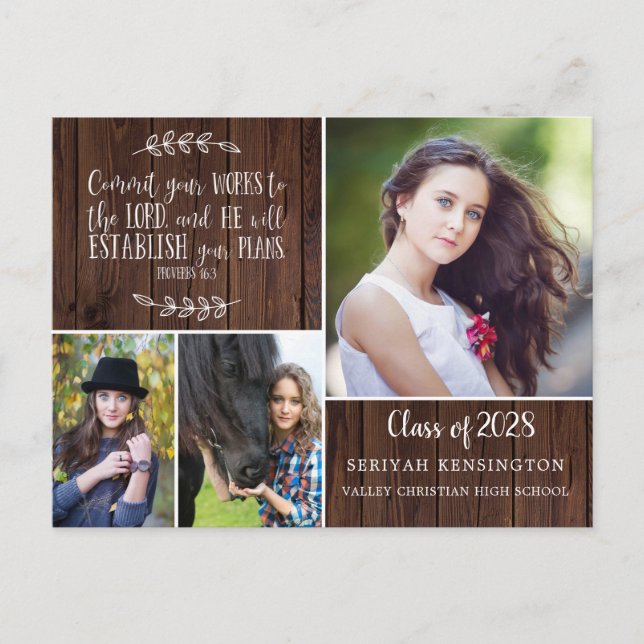 Carte Postale Rustic Wood Graduation chrétienne Bible Verse (Devant)