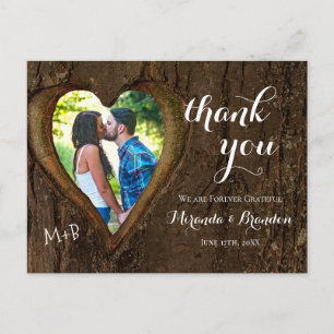 Carte Postale Rustic Wood Heart Photo Mariage Merci