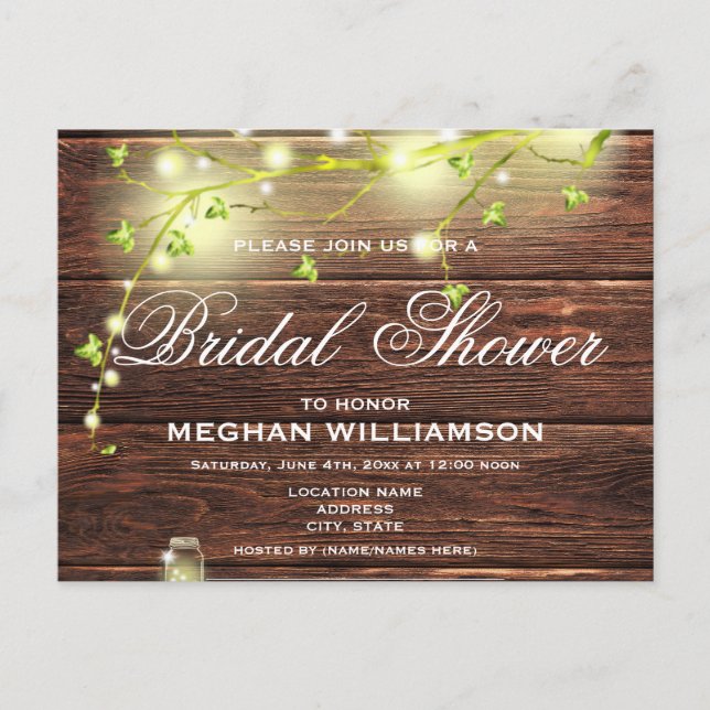 Carte Postale Rustic Wood Mason éclaire l'invitation de la douch (Devant)