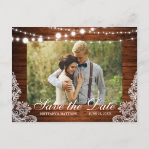 Carte Postale Rustic Wood String Lights Lace Photo Enregistrer l