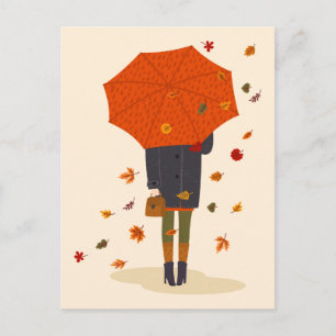Carte Postale Rustique Autumn Umbrella Girl