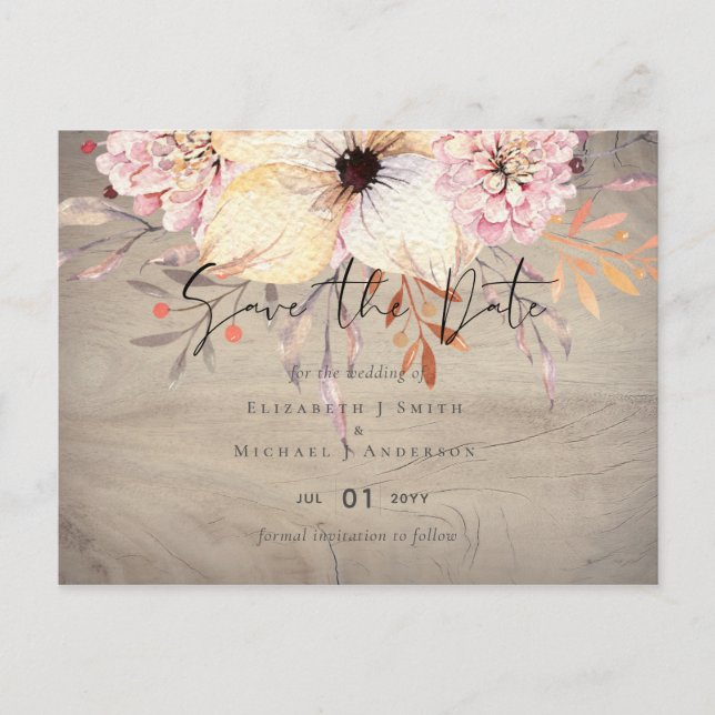 Carte Postale Rustique Blush rose Floral Mariage Sage Dates de s (Devant)