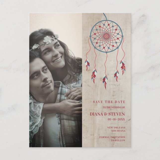 Carte Postale Rustique Boho Dreamcatcher Photo Couple Fiançaille (Devant)