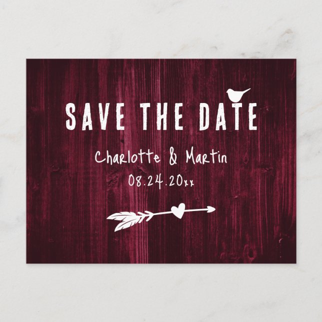 Carte Postale Rustique Boho Heart Bourgogne Mariage Enregistrer  (Devant)