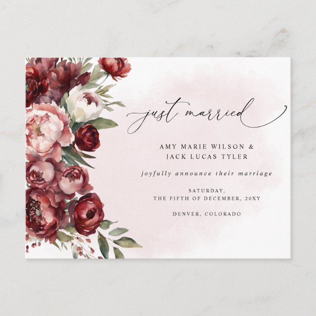 Carte Postale Rustique Bourgogne Blush Floral Mariage Faire-part (Devant)