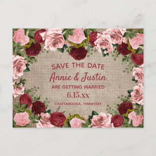 Carte Postale Rustique Burlap Bourgogne Blush Rose Floral Date d