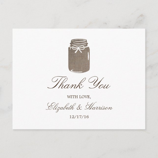 Carte Postale Rustique Burlap Mason Jar Mariage Merci (Devant)