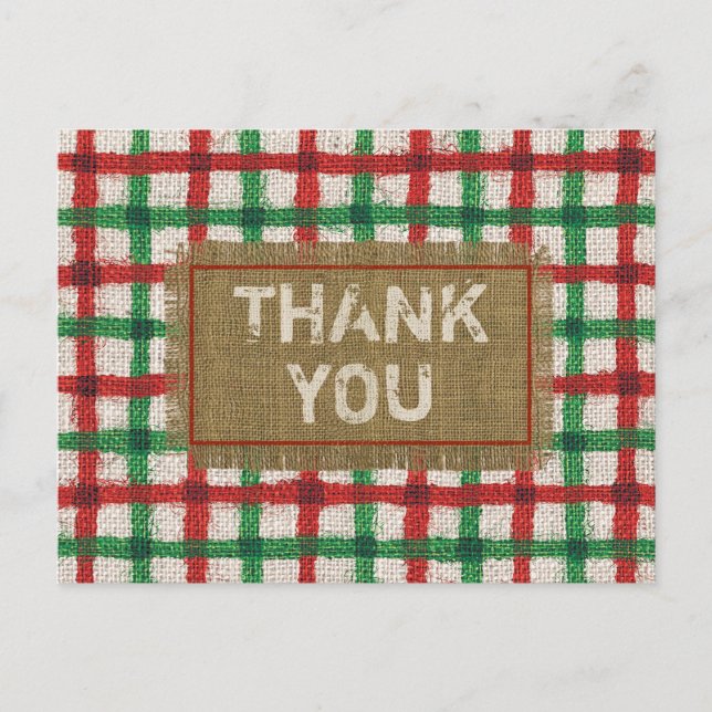 Carte Postale Rustique Burlap Rouge Vert Plaid Merci de vacances (Devant)