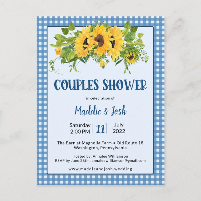 Carte Postale Rustique En vichy Tournesols Couple Shower Invitat (Devant)