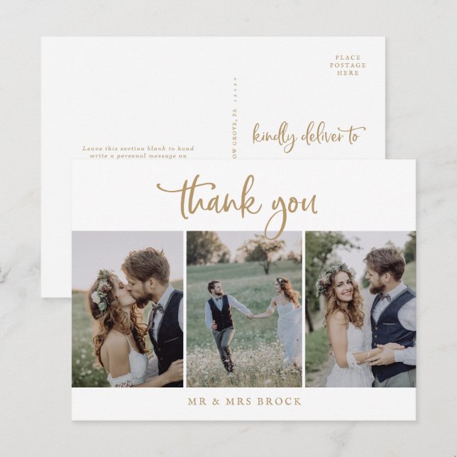 Carte Postale Rustique Gold Script 3 Modèle photo Merci (Devant / Derrière)