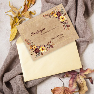 Carte Postale Rustique jaune Bourgogne Floral Mariage Merci