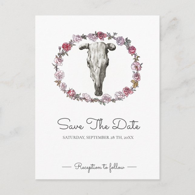 Carte Postale Rustique Mariage Vache Crâne Roses Rose Enregistre (Devant)