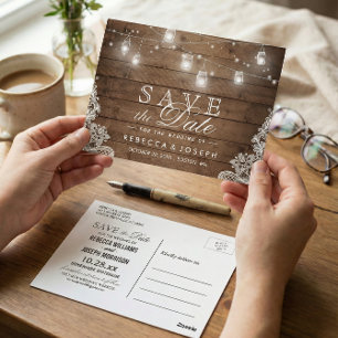 Carte Postale Rustique Mason Jar Lights Lace Wedding Enregistrer