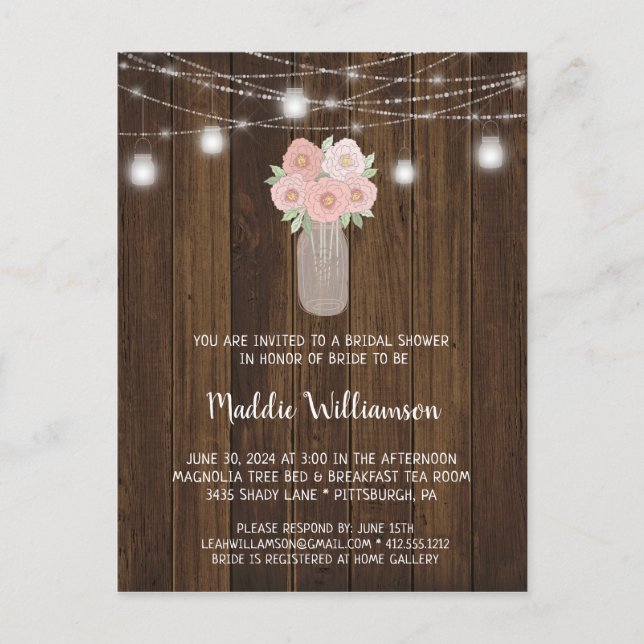 Carte Postale Rustique Mason Jar Lumières florales Fête des mari (Devant)