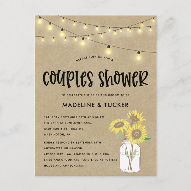 Carte Postale Rustique Mason Jar Sunflower Lumières Couples Douc (Devant)