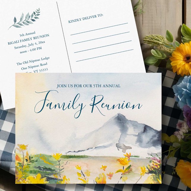 Carte postale Rustique Mountain Family Reunion (Family reunion postcard invitations watercolor mountains by Victoria Grigaliunas VG Invites)