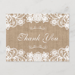 Carte Postale Rustique Pays Burlap Mariage de dentelle Merci