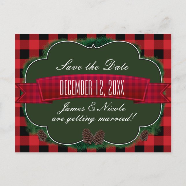 Carte postale rustique Red Plaid & Pinecones (Devant)