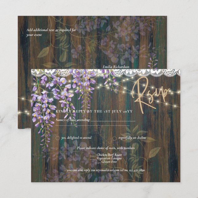 Carte Postale Rustique Wisteria Dentelle en bois Lumières Mariag (Devant / Derrière)