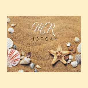 Carte Postale Sable et coquillages, nom et monogramme, écriture