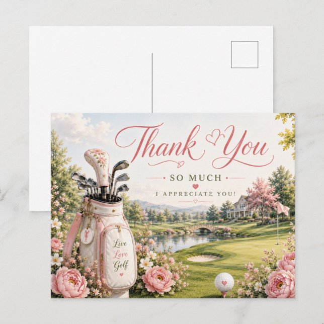 Carte Postale Sac de golf sur terrain de golf avec des fleurs  (Devant / Derrière)