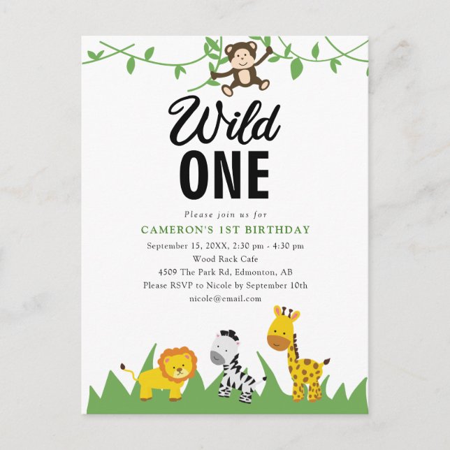 Carte Postale Safari Wild One 1er anniversaire mignonne Jungle (Devant)