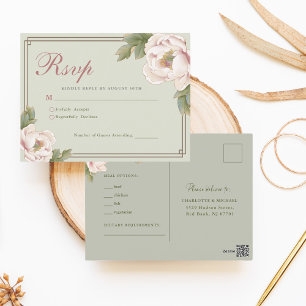 Carte Postale Sage Green & Blush Peony Mariage Floral RSVP