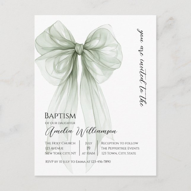 Carte Postale Sage Green Bow Baptême (Devant)