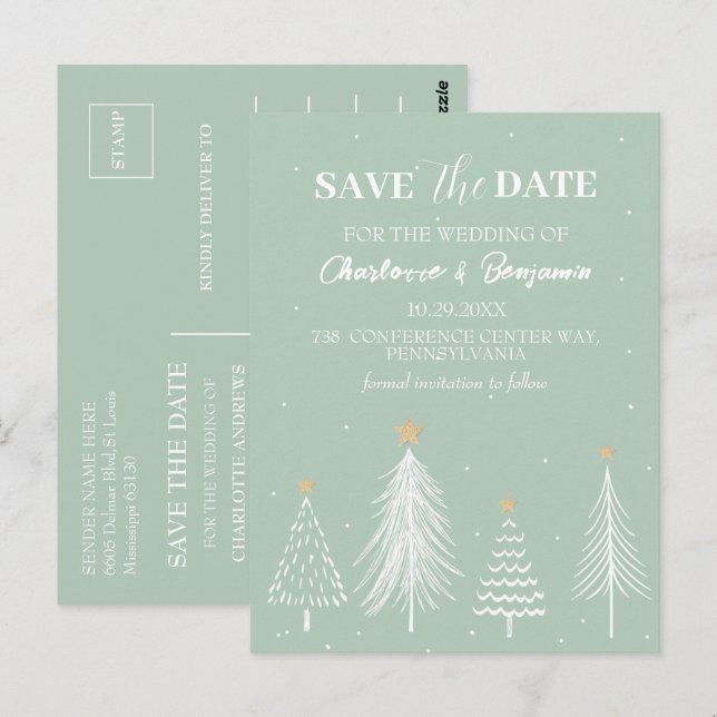 Carte Postale Sage Green hiver Noël Enregistrer la date Mariage (Devant / Derrière)