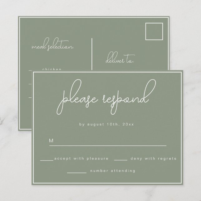 Carte postale Sage Green Minimalist Wedding RSVP (Devant / Derrière)