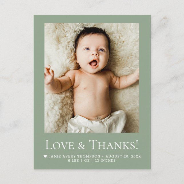 Carte Postale Sage Green Photo Baby Love & thanks Modern  (Devant)