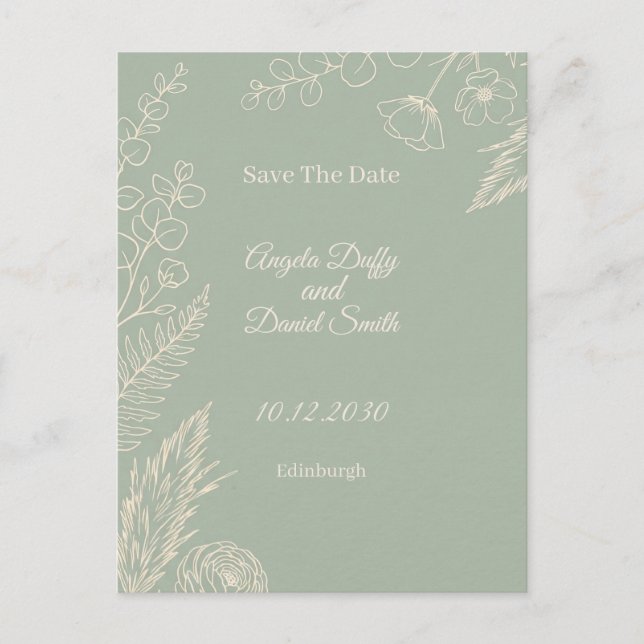 Carte Postale Sage Line Art Floral Enregistrer la Date (Devant)