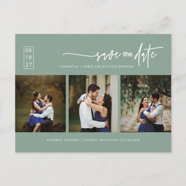 Carte Postale Sage minimal vert photo QR Code Enregistrer la dat (Devant)