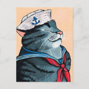Carte Postale Sailor Cat Nautique Tabby Peinture Chat
