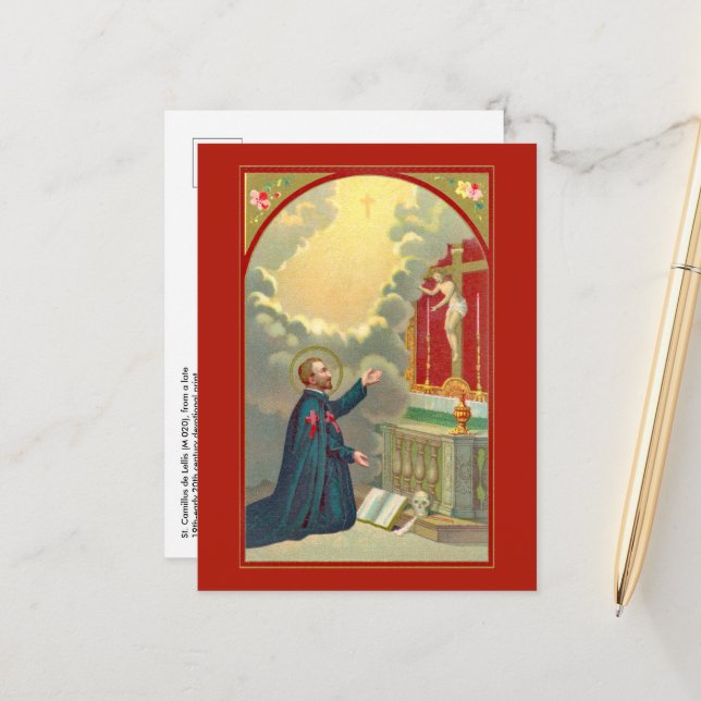 Carte Postale Saint Camille priant devant un crucifix (M 020) (Devant/Arrière en situation)