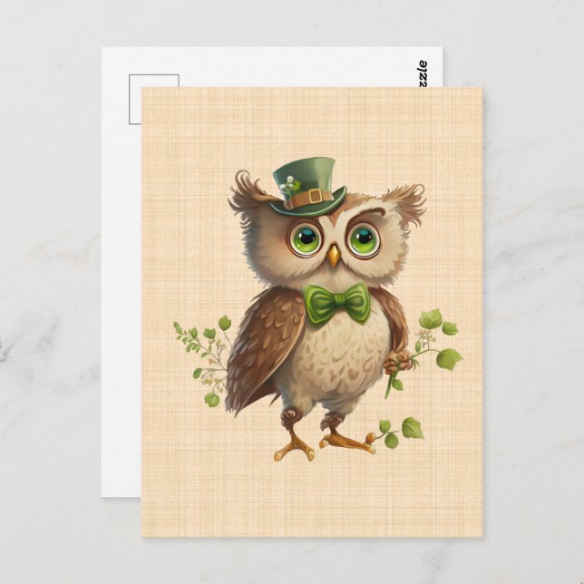 Carte Postale Saint Patrick - Chouette portant chapeau vert  (Devant / Derrière)