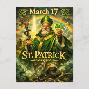 Carte Postale Saint Patrick majestueux avec arc-en-ciel et serpe