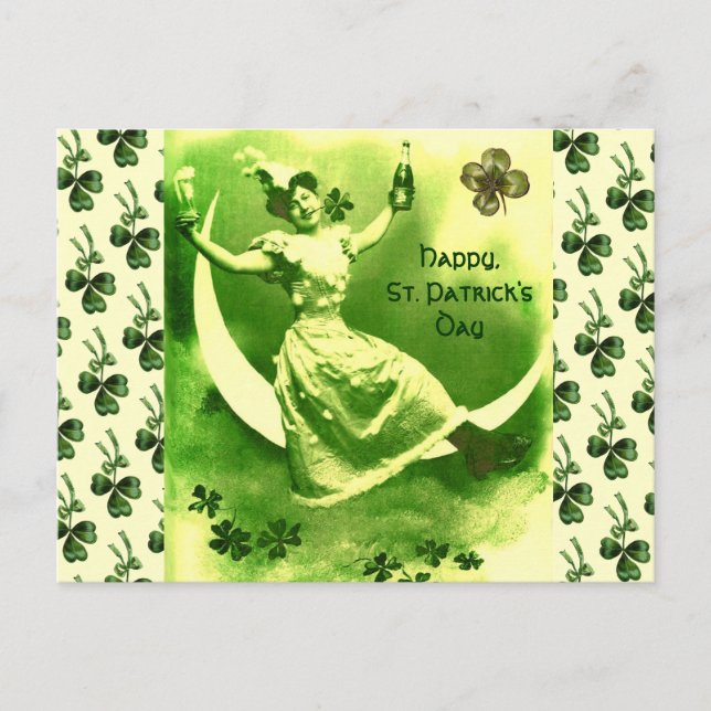 CARTE POSTALE SAINT PATRICK'S DAY LUNE LADY AVEC SHAMROCK (Devant)