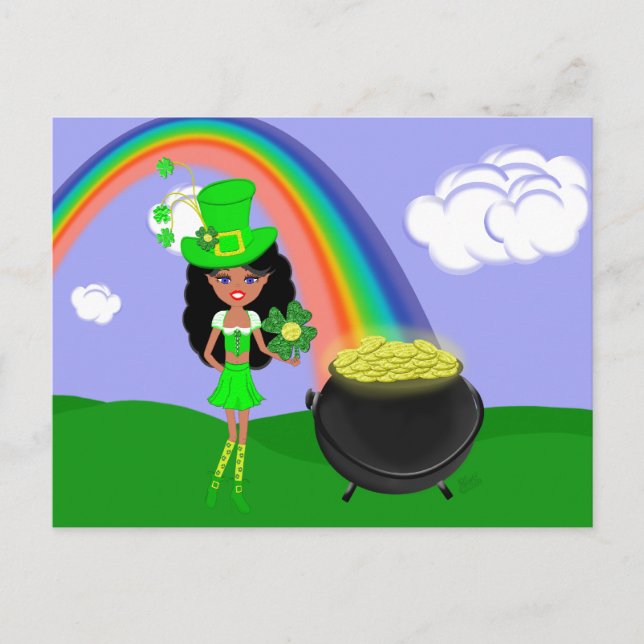 Carte Postale Saint Pat's Day Brunette Girl Leprechaun avec arc- (Devant)