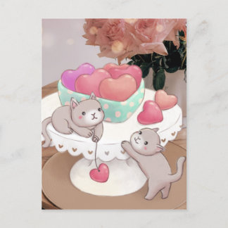 Carte Postale Saint-Valentin : Chats, Coeurs Coeurs Cookies & Fl