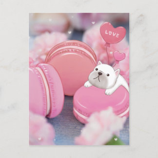 Carte Postale Saint-Valentin : Chien de taureau, Macarons et Fle