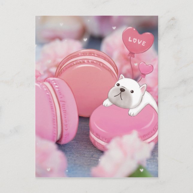 Carte Postale Saint-Valentin : Chien de taureau, Macarons et Fle (Devant)