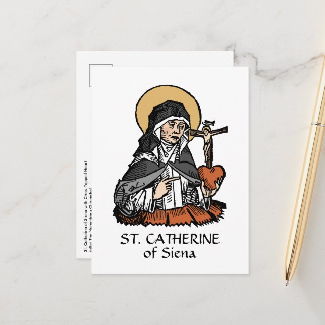 Carte Postale Sainte Catherine de Sienne avec un cœur surmonté d (Devant/Arrière en situation)