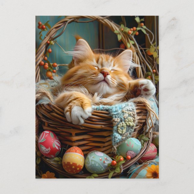 Carte Postale Saison de Pâques : joli chat dormant dans un panie (Devant)