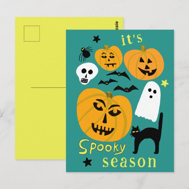Carte Postale Saison éffrayante Citrouilles Ghost Bat HAPPY HALL (Devant / Derrière)